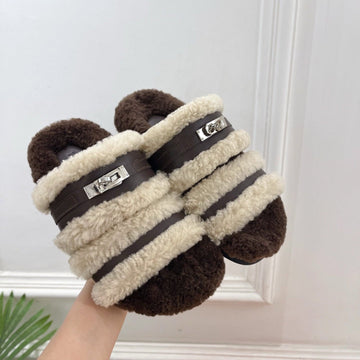 Hm Slippers Classic Kelly Sliver Buckle Brown Wool 479616
