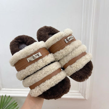 Hm Slippers Classic Kelly Sliver Buckle Brown Wool 479617