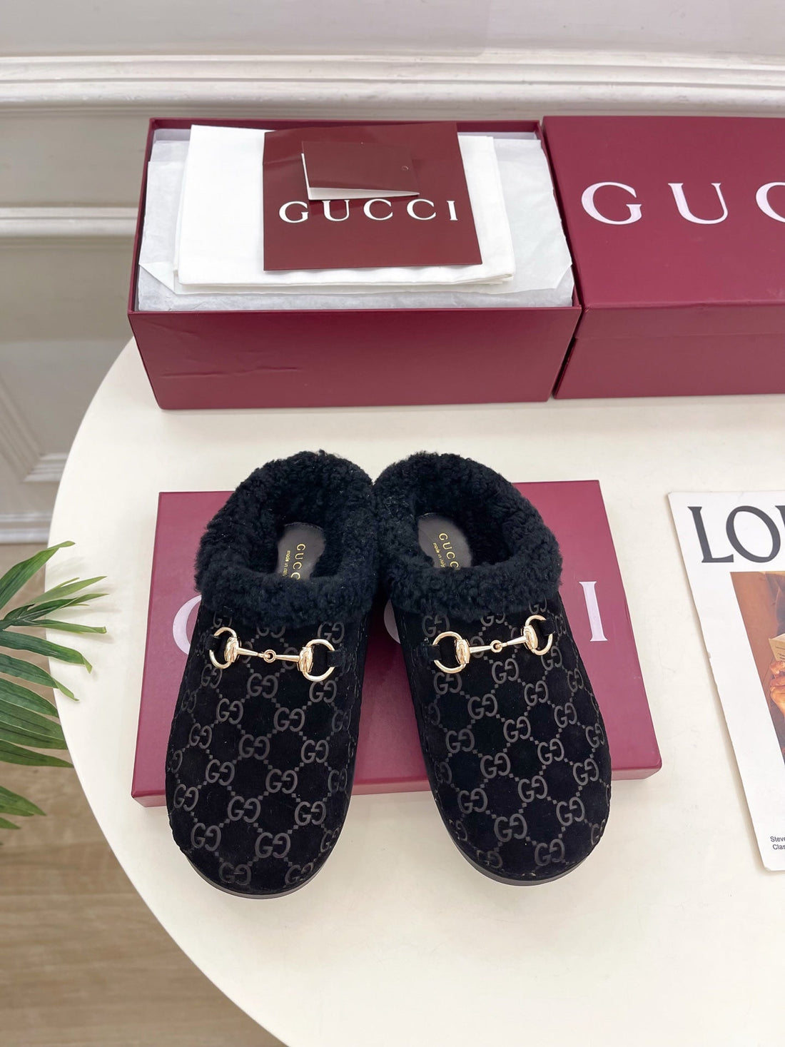 GG Horsebit Embossed Mule Black Suede And Wool 536050