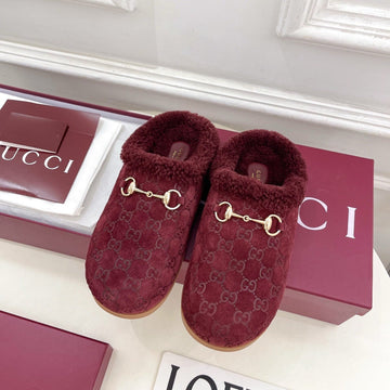 GG Horsebit Embossed Mule Red Suede And Wool 536051