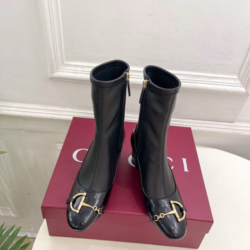 GG Half-D Chain Buckle Ankle Boots Black Sheepskin 536056