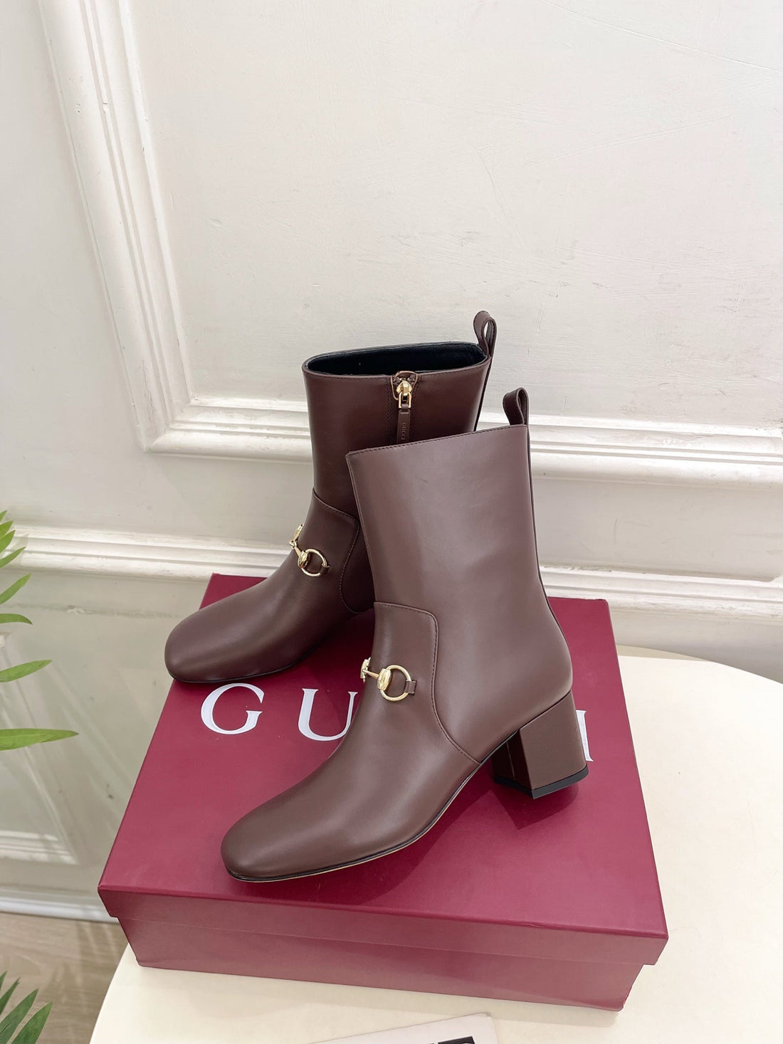 GG Horsebit Chunky Heel Ankle Boots Dark Brown Calfskin 536058