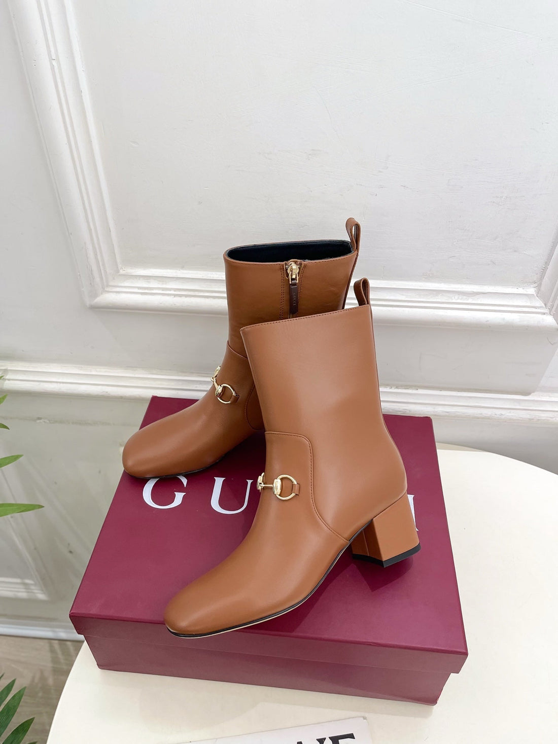 GG Horsebit Chunky Heel Ankle Boots Caramel Brown Calfskin 536059