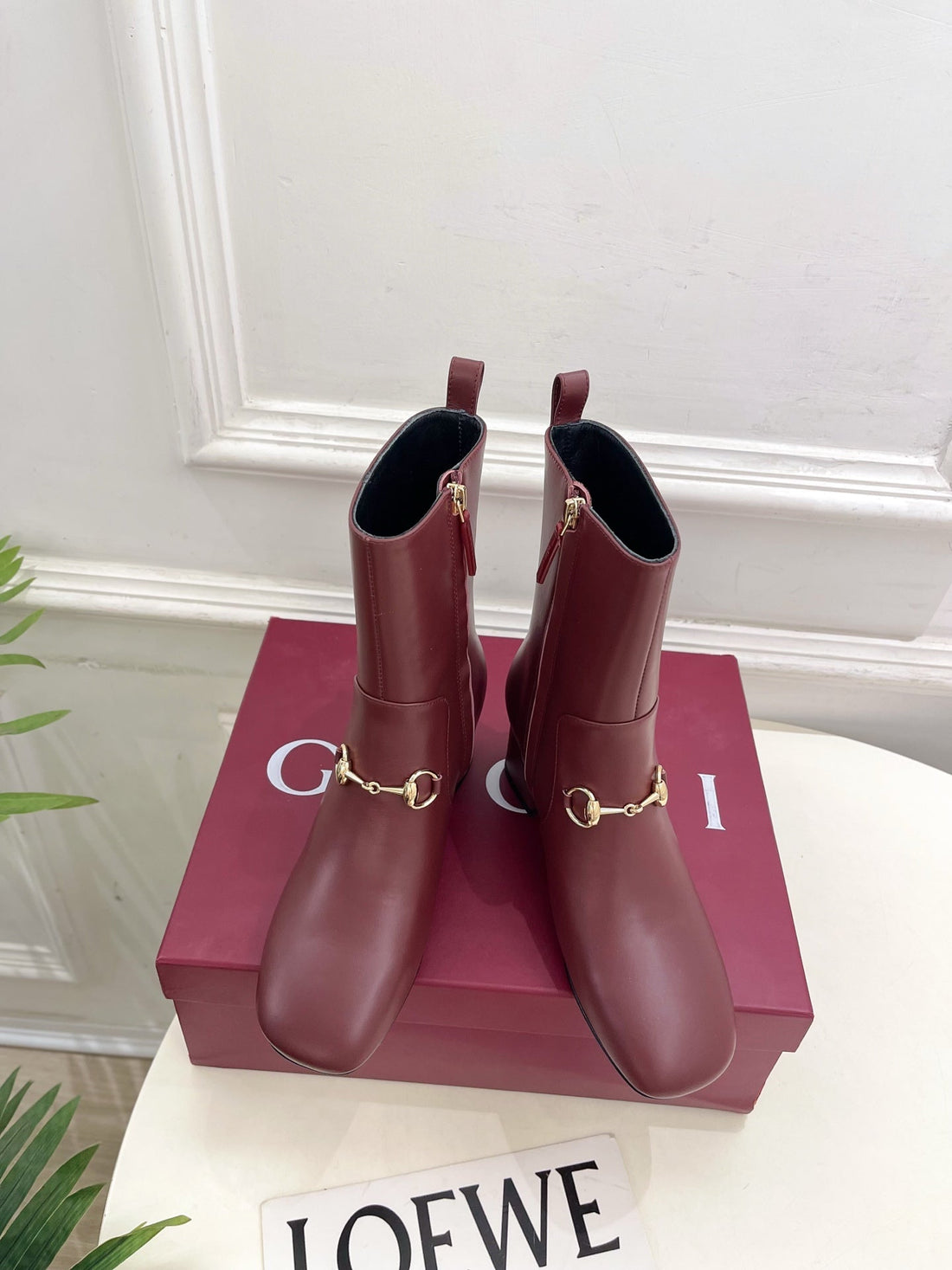 GG Horsebit Chunky Heel Ankle Boots Burrgundy Calfskin 536060