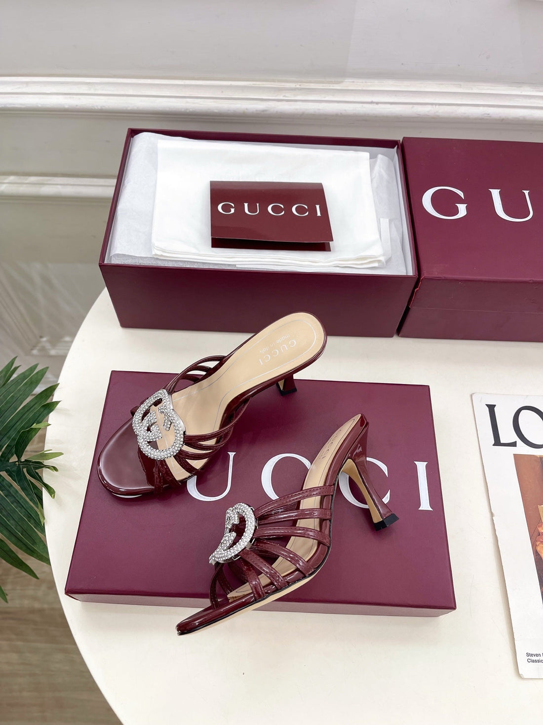 GG 26 High-Heeled Mules 85 Dark Red Beige Patent Leather 587085