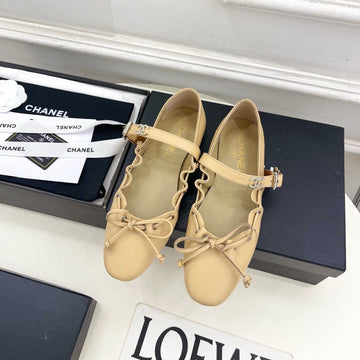 CC 26 Ss Ruffled Bow Mary Jane Flats Beige Calfskin 586930