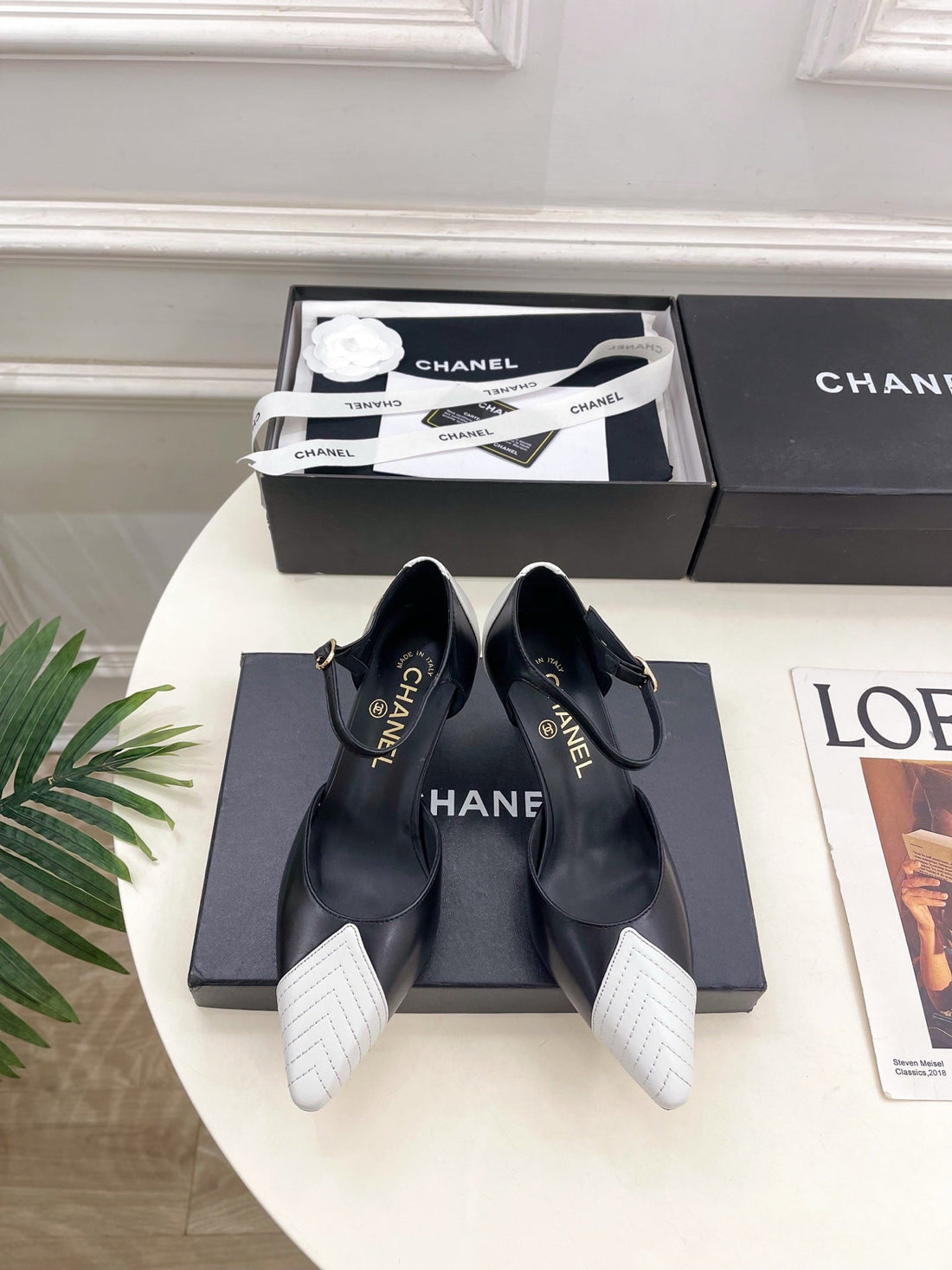 CC 26 Ss Double C Slingback 7.5cm White Black Calfskin 586934