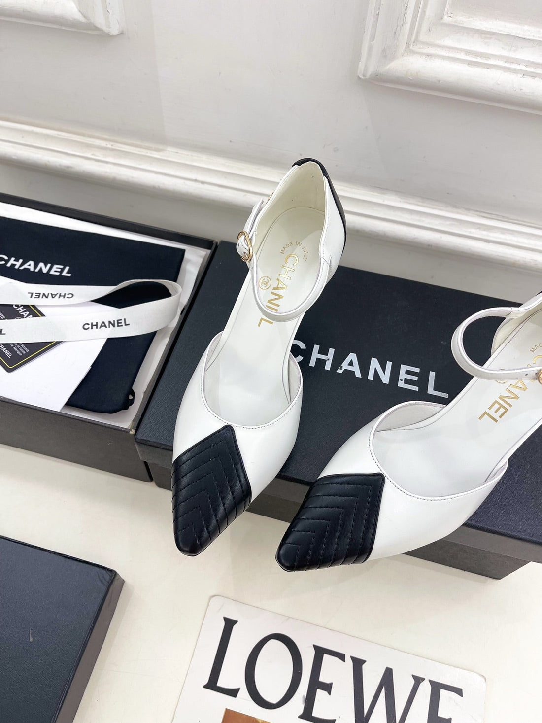 CC 26 Ss Double C Slingback 7.5cm Black White Calfskin 586935