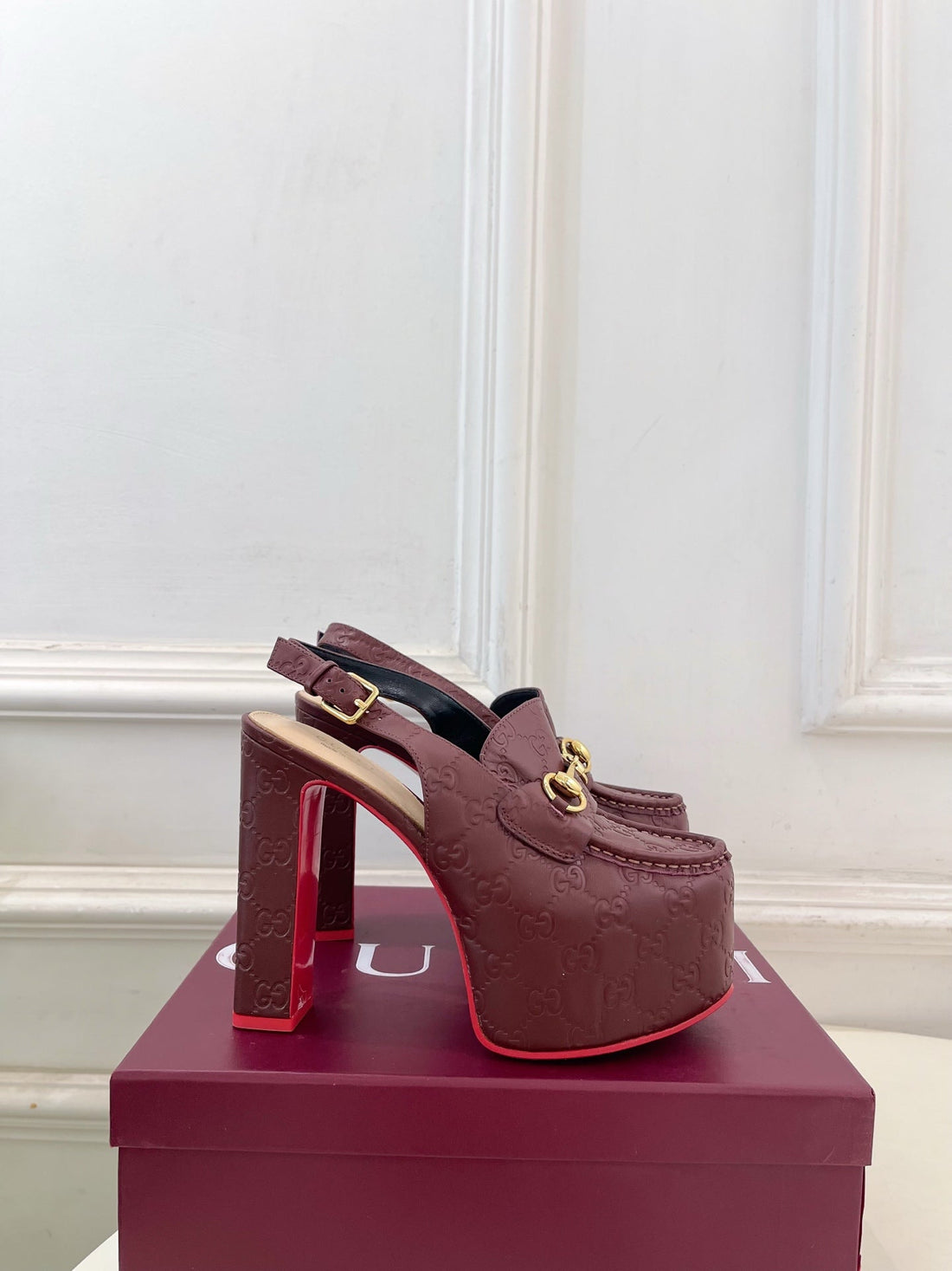 GG Horsebit Platform Loafer Slingback Burgundy Embossed Leather 640260