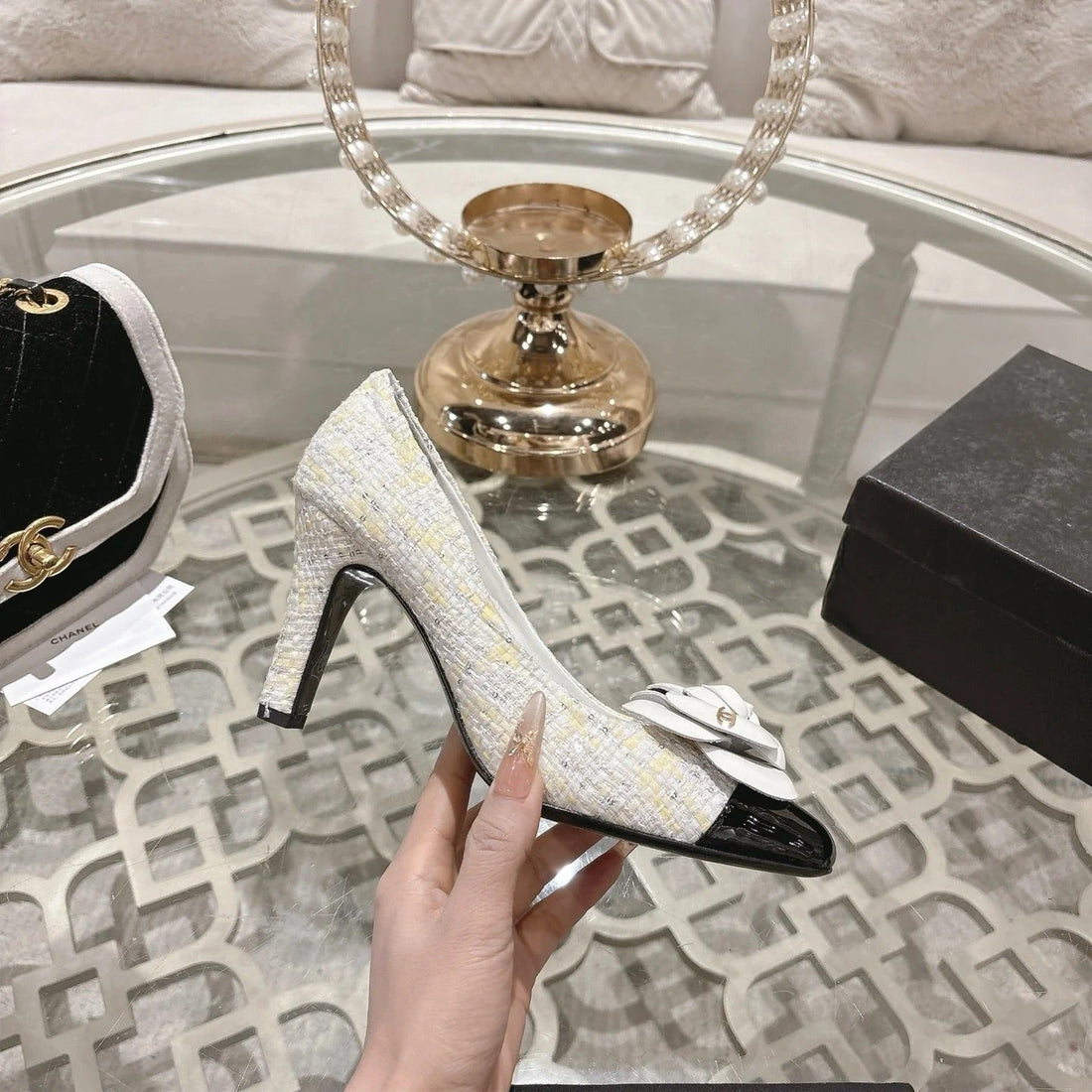 CC 26S High Heels Pump 85 White Black Wool Fabric 627018