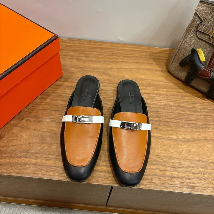 Hm 26SS Mule Black Brown Calfskin Sliver Buckle 638467