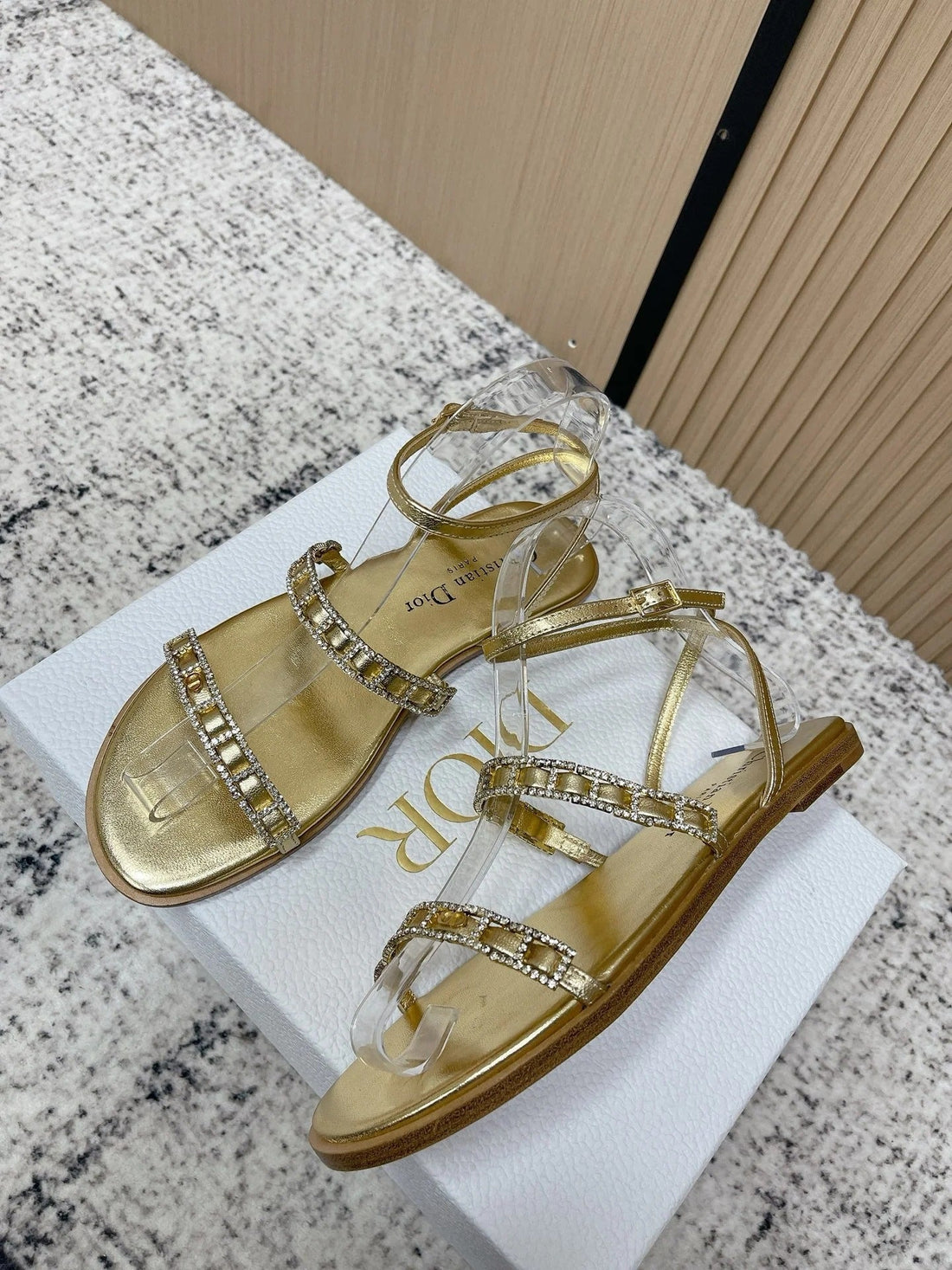 CD 26S Crystal Sandals Gold Champage Leather 643499