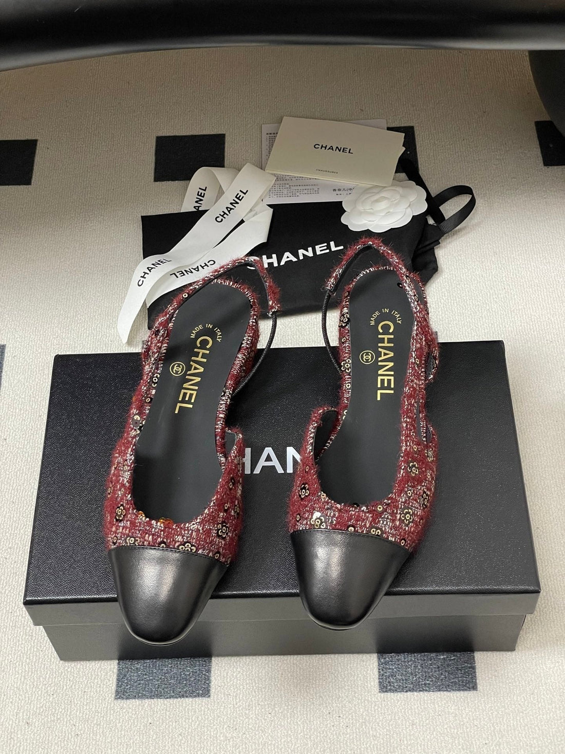 CC 26S Slingback Dark Red Black Tweed Sheepskin 649424
