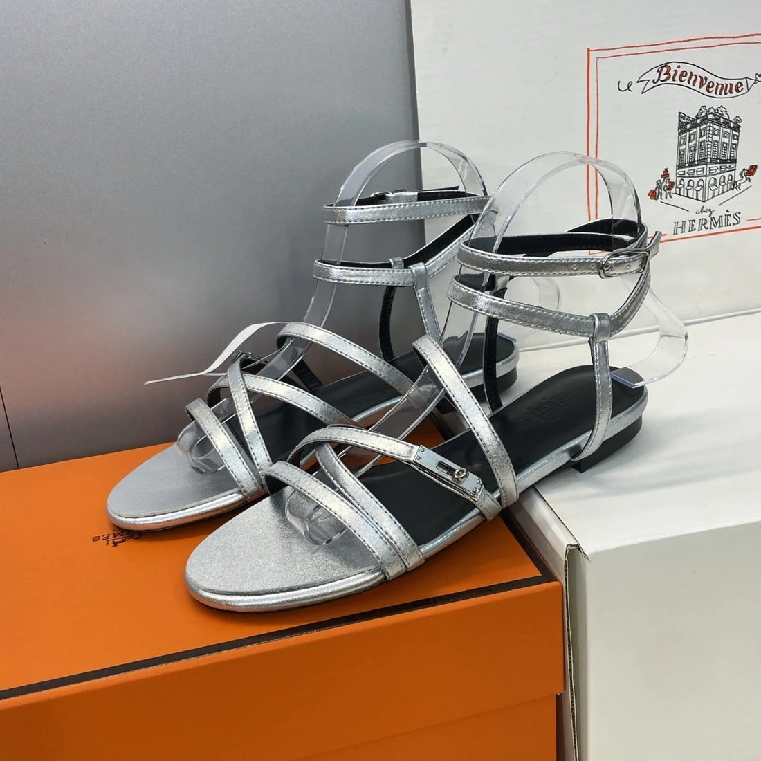 Hm 26SS Kelly Sliver Buckle Sandals Sliver Calfskin 607163
