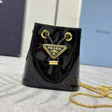 Prada Logo-Plaque Mini Bag Black Patent Leather Ghw