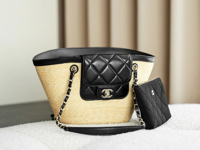 Chanel 2026 Shopping Bag 40CM Beige Black Straw Lambskin 351031