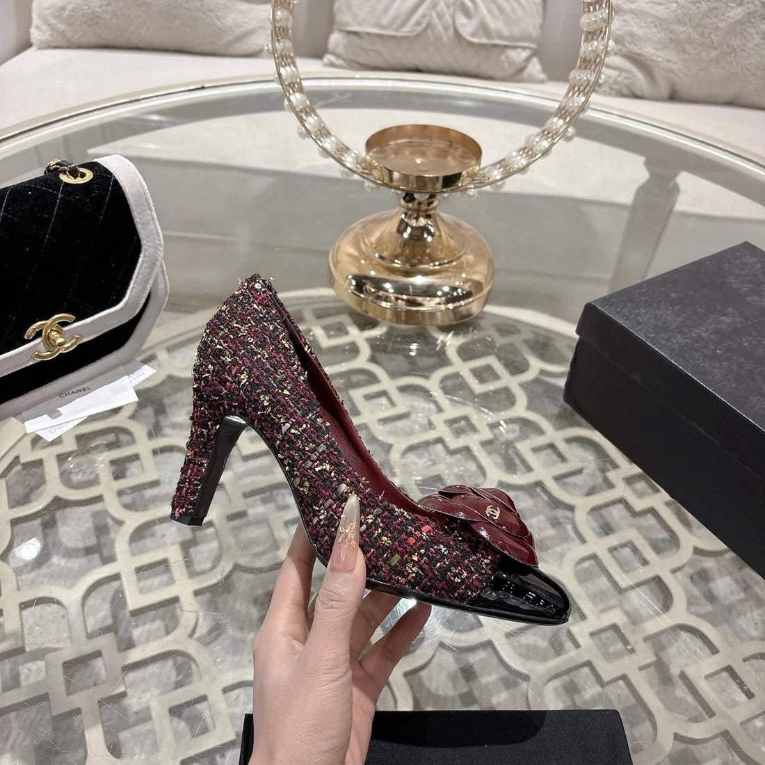 CC 26S High Heels Pump 85 Burgundy Colorful Wool Fabric 627013