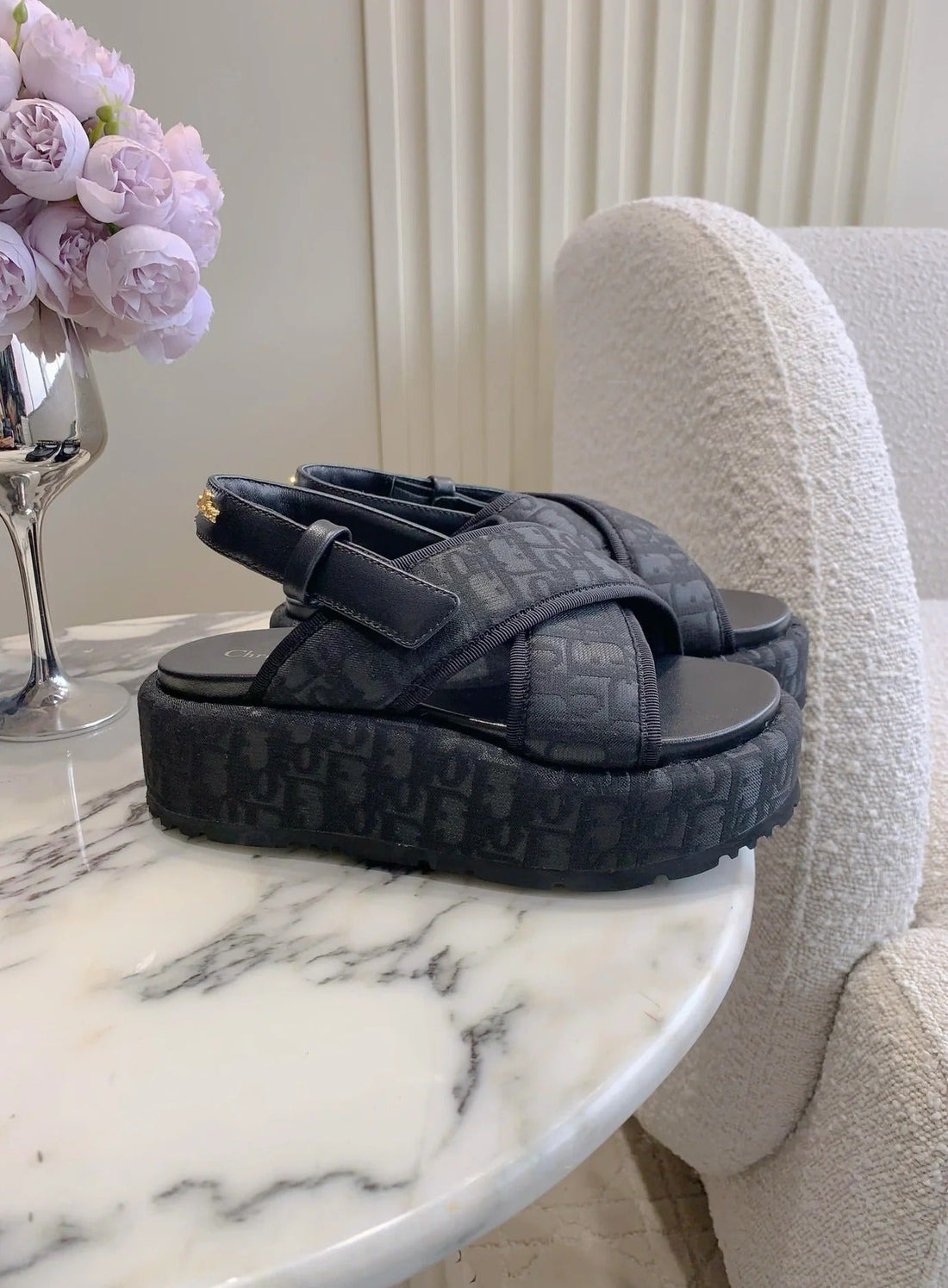 CD 26S Platform Sandals 65 Black Canvas Lambskin 644286