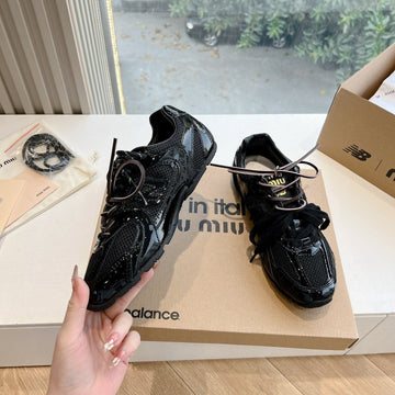 Miumi X Newbalance Sneaker Black Mesh Patent Leather