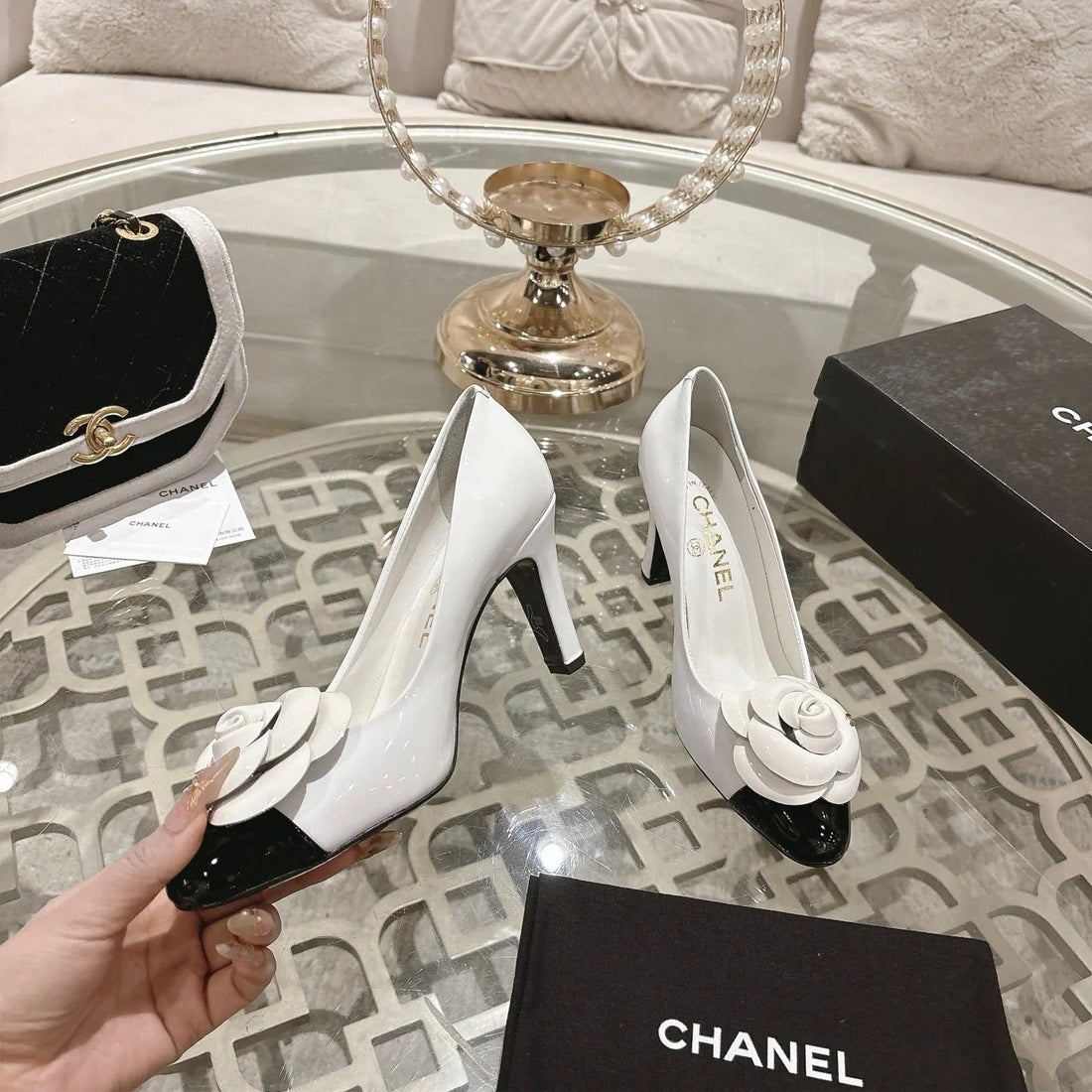 CC 26S High Heels Pump 85 White Black Patent Leather 627003