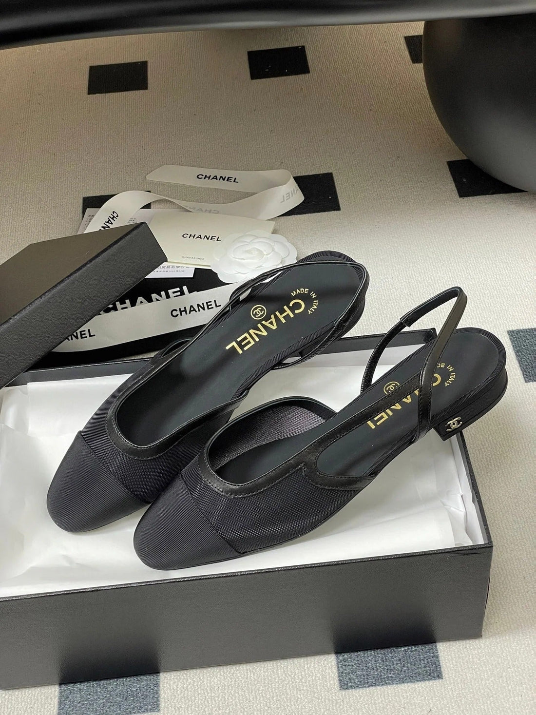 CC 26S Slingback Black Mesh Fabric Sheepskin 649450