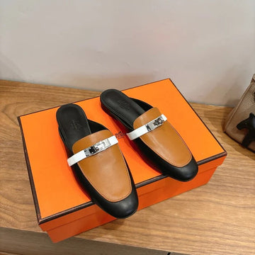 Hm 26SS Mule Black Brown Calfskin Sliver Buckle 638467
