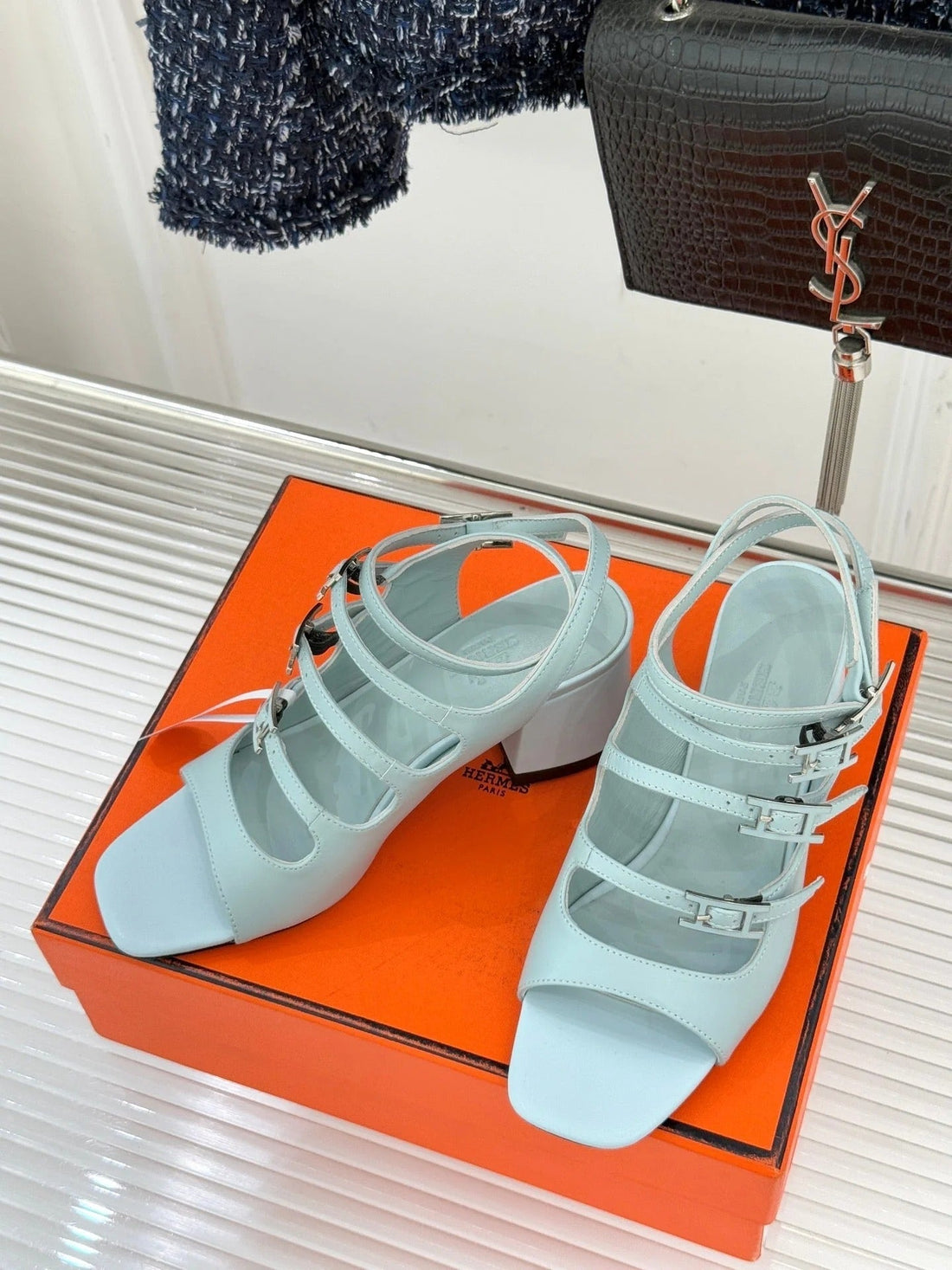 Hm 26SS Peep Toe Sandals 65 Baby Blue Sheepskin 642768