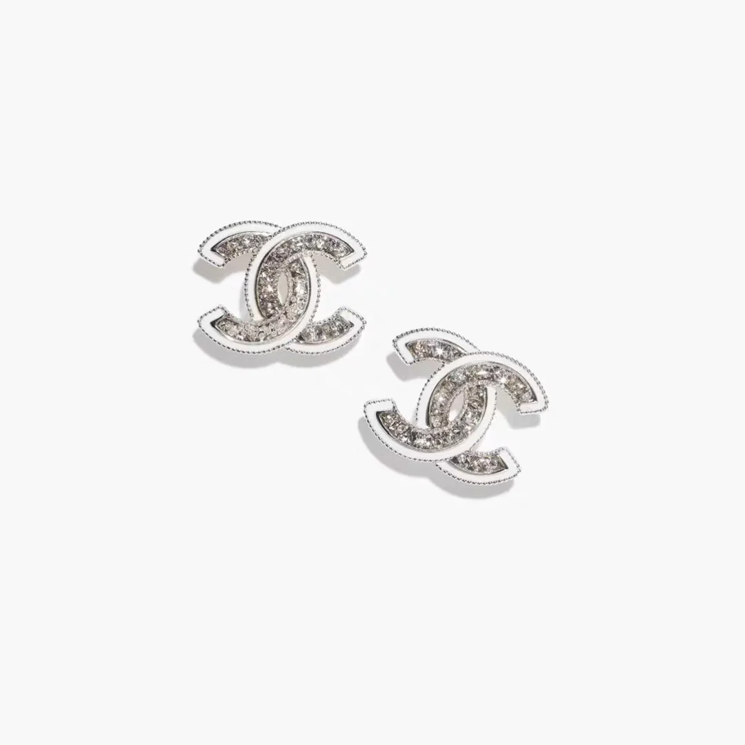 Double C Stud Earrings With White Trim And Clear Stone Logo