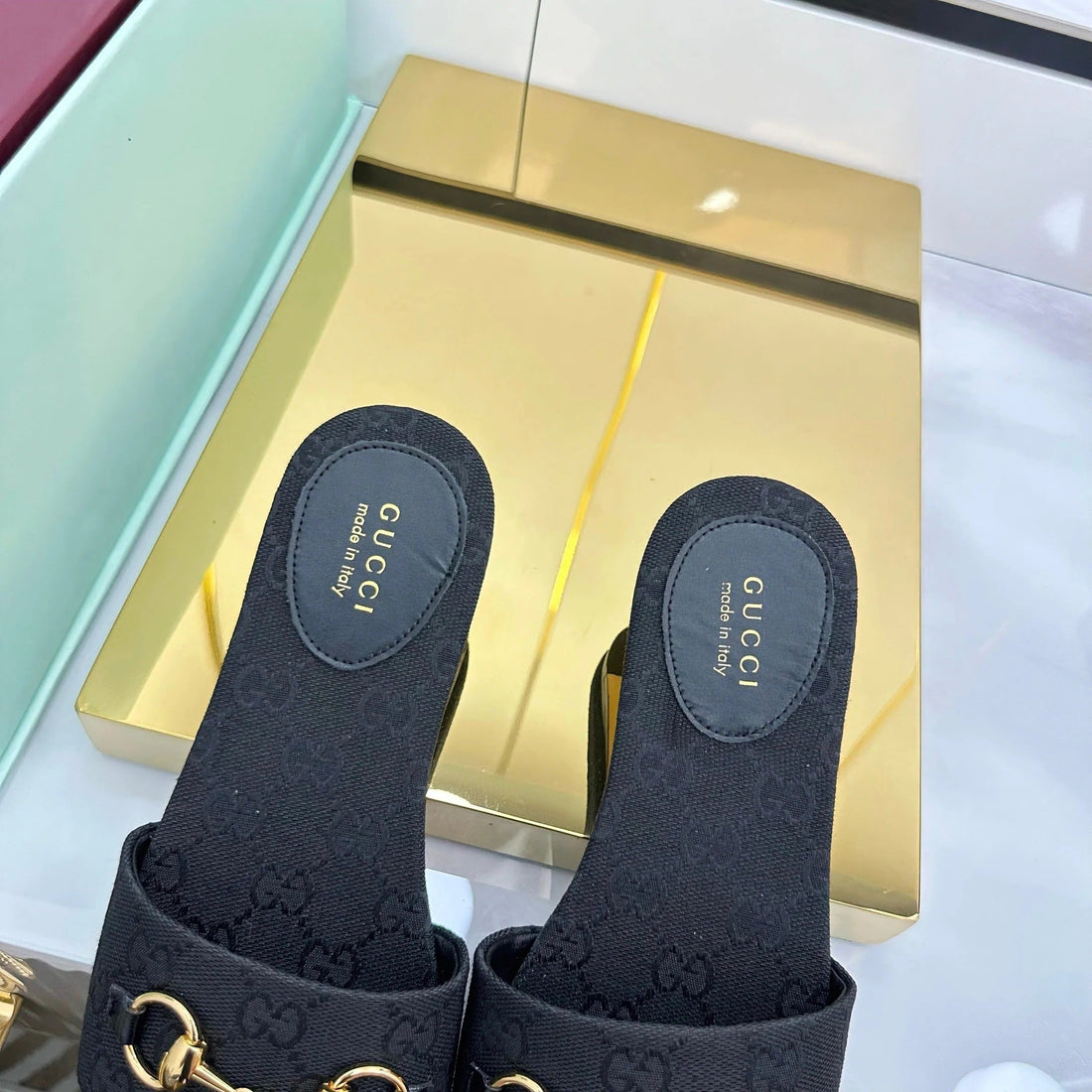 GG Slides In Black With Gold Hardware
