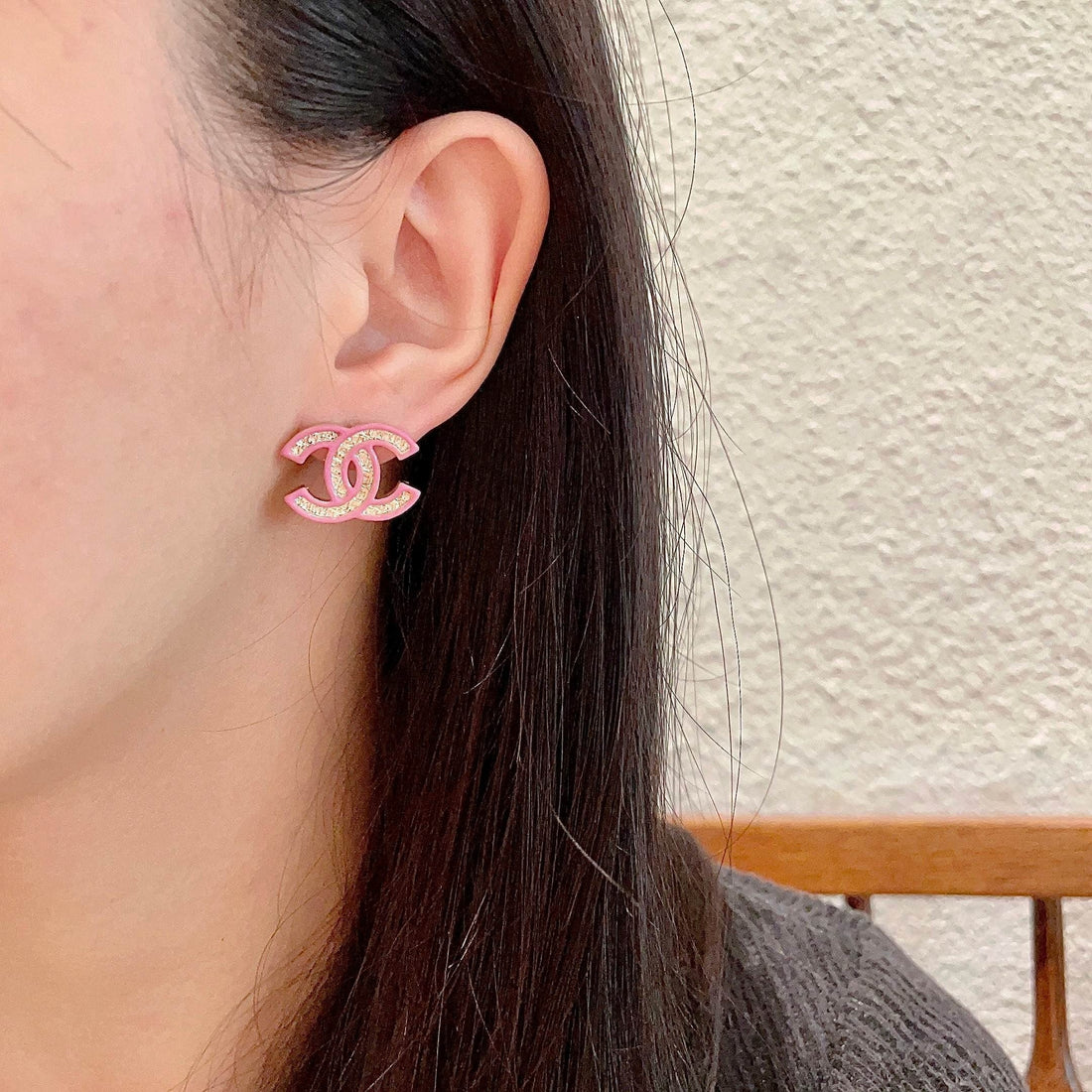 Double C Stud Earrings With Pink Trim And Center Stone