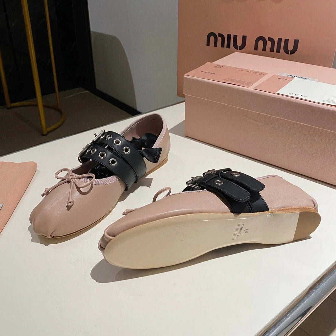 Ballet Flat Shoes Pink Nude Lambskin With Unique Black Straps