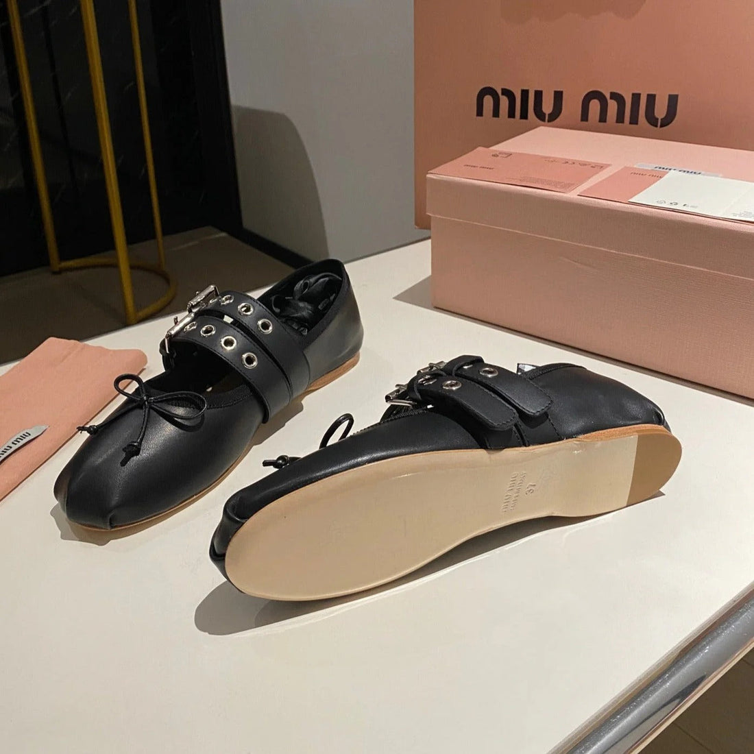 Ballet Flat Shoes Black Lambskin With Unique Black Straps