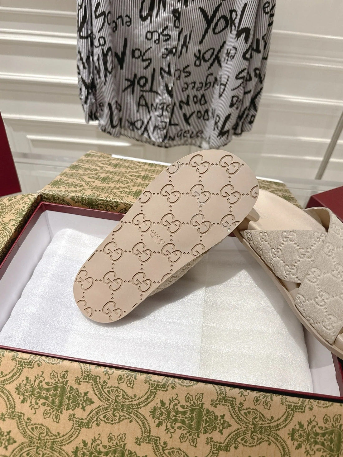 GG Slides In Nude Beige Suede With Embossed Logo Style 7