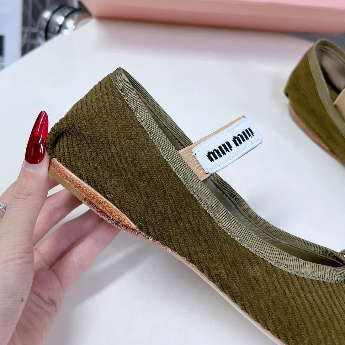 Ballet Flat Shoes Dark Olive Color Sheepskin
