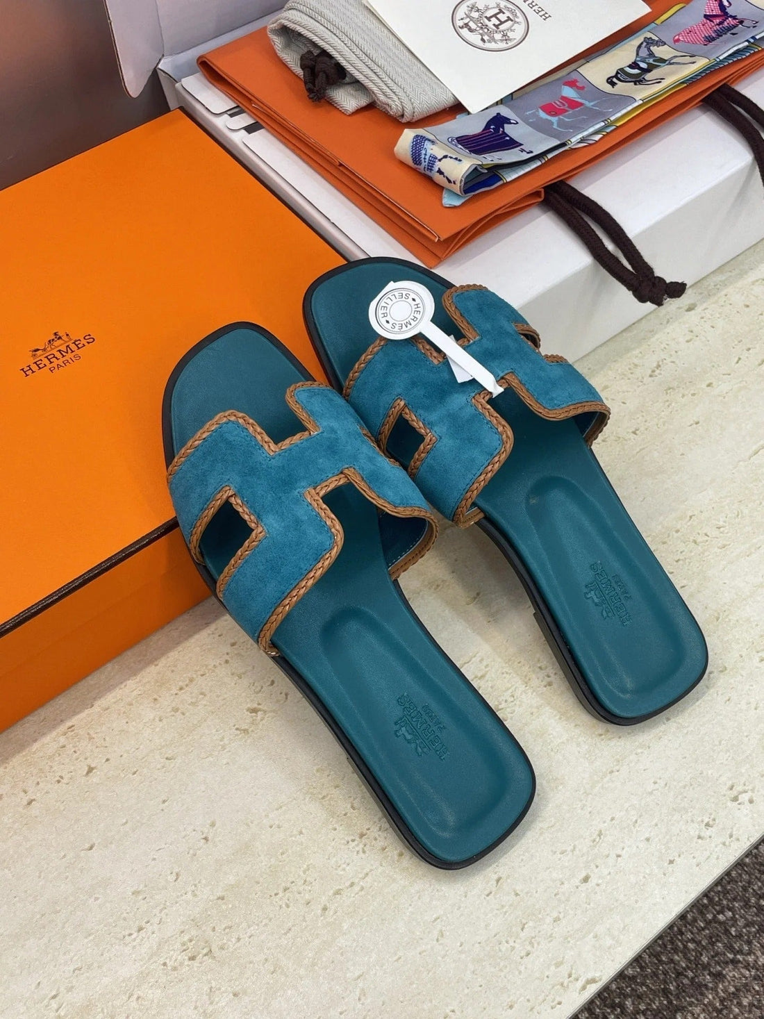 Hm 26SS Oran Sandals Teal Blue Suede Calfskin 607249