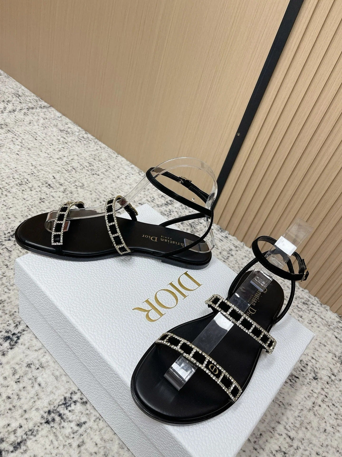 CD 26S Crystal Sandals Black Leather 643498