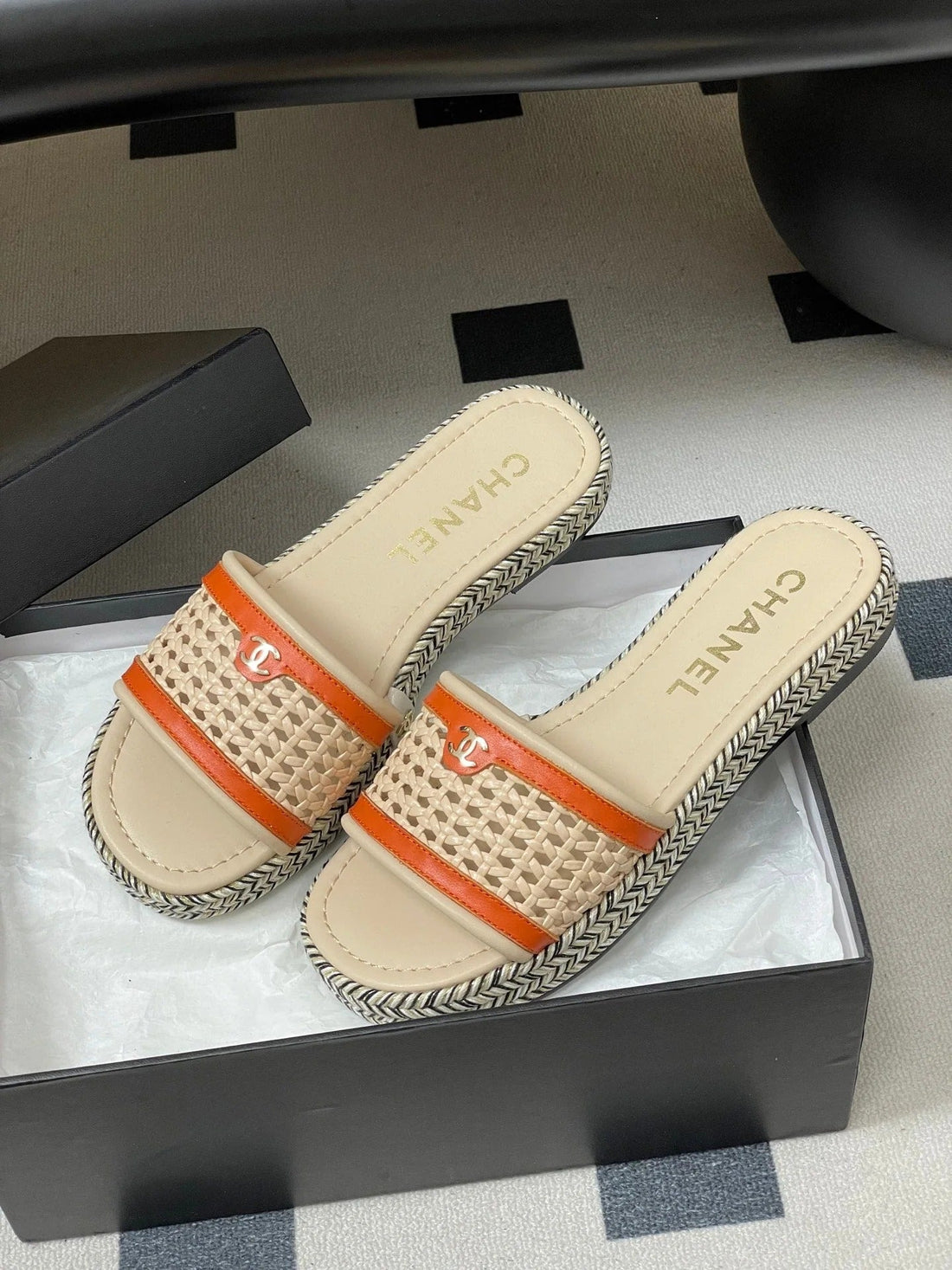 CC 26S Platform Slippers Light Beige Orange Cowhide 649456