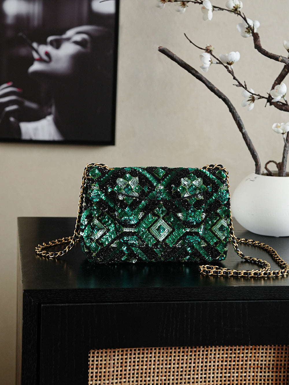 Chanel 2026 Flap Bag 20CM Green Mix Colors Sequin Leather