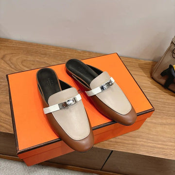 Hm 26SS Mule Beige Brown Calfskin Sliver Buckle 638470