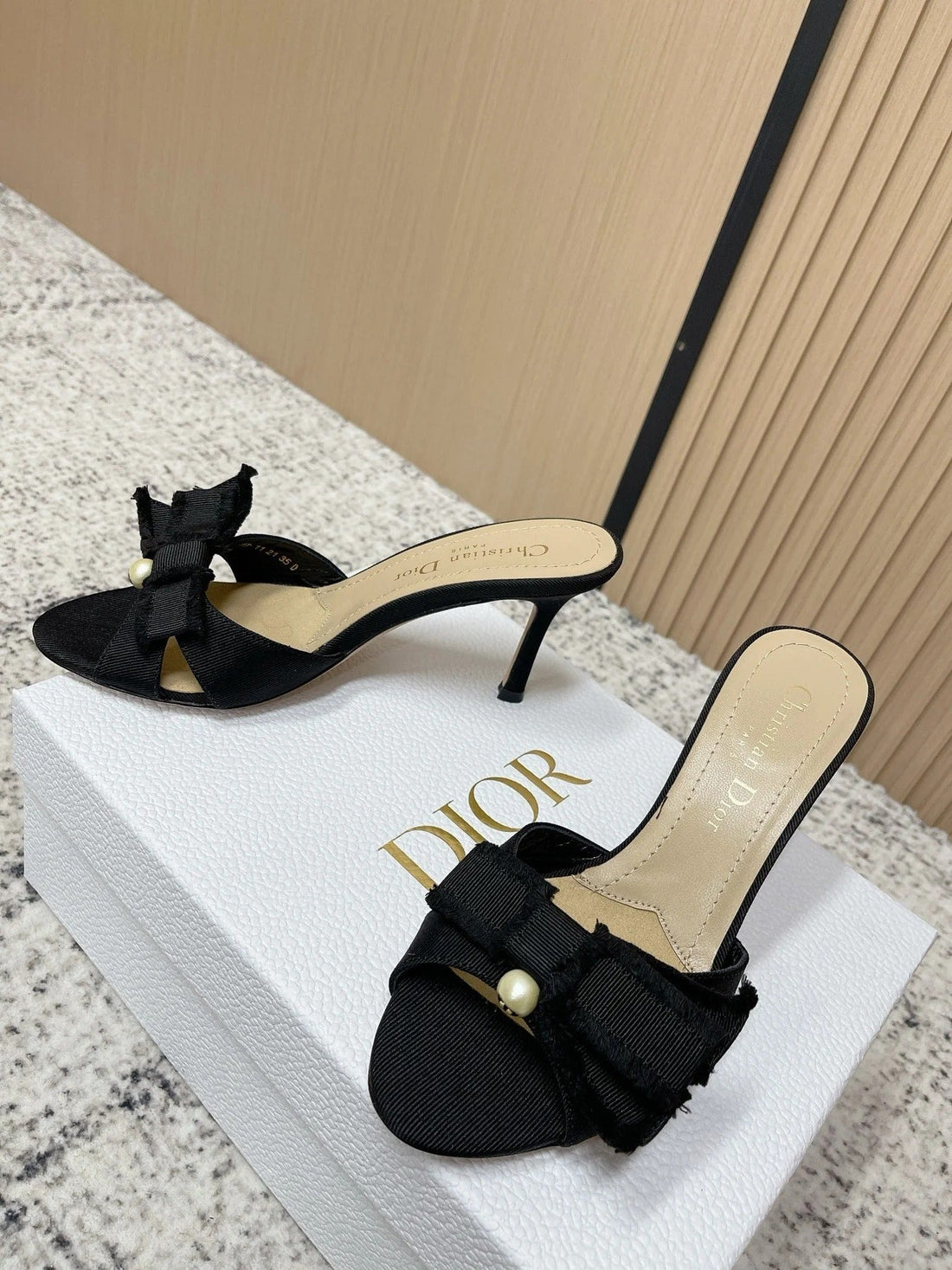 CD 26S High Heel Slippers 75 Black Beige Canvas Leather 643490