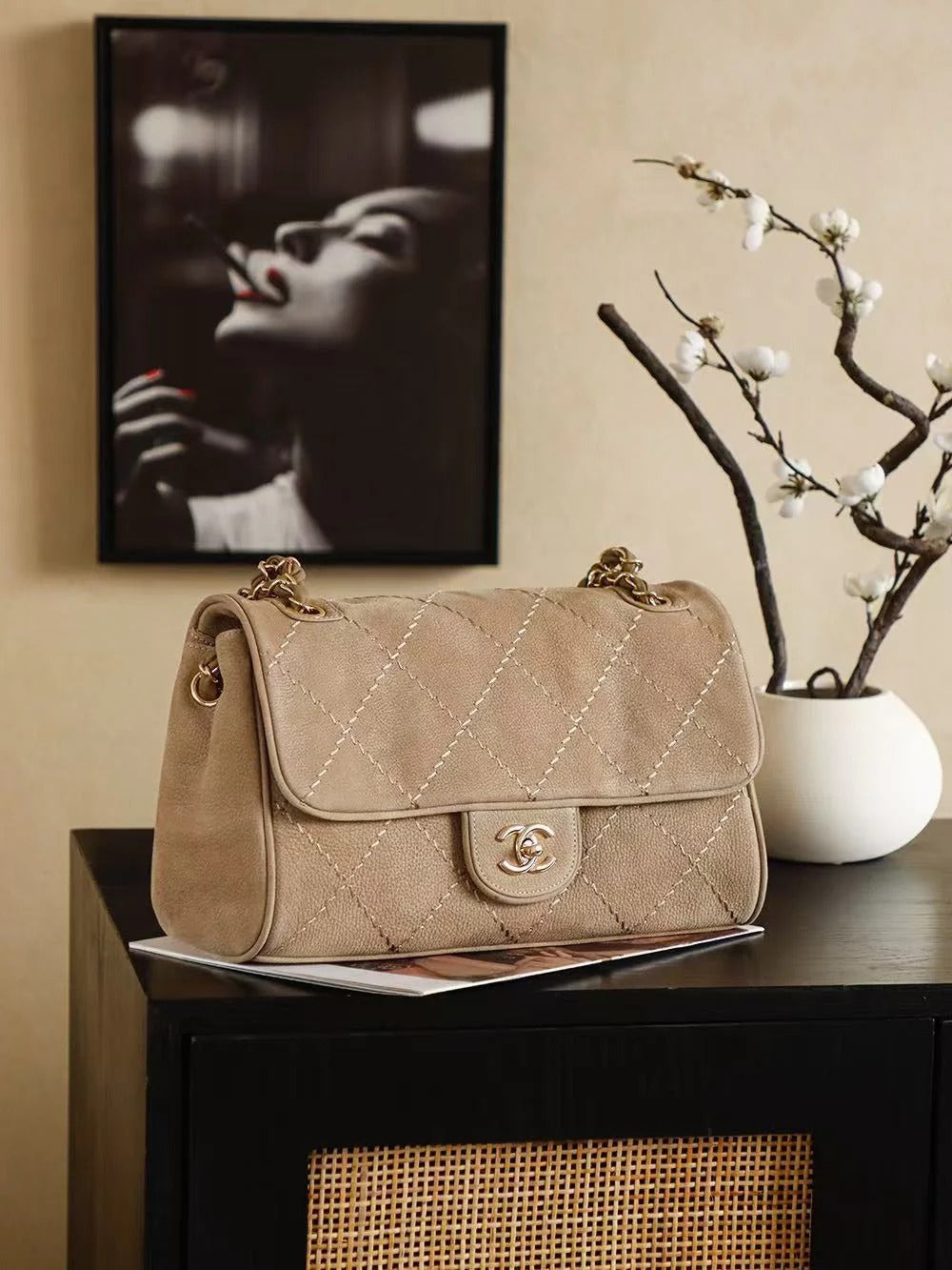 Chanel 2026 Ultimate Stitch Bag 30CM Beige And Black Suede Leather