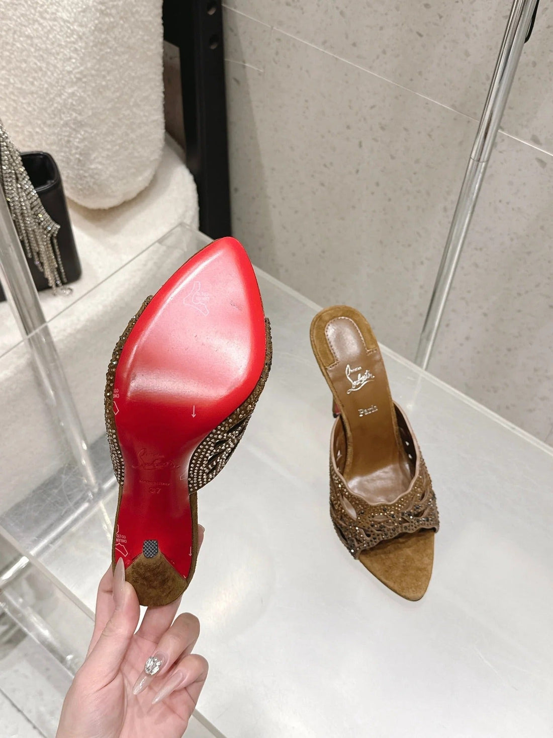 Cl 26SS High-Heeled Slippers 100 Camel Brown Suede Sheepskin 636695
