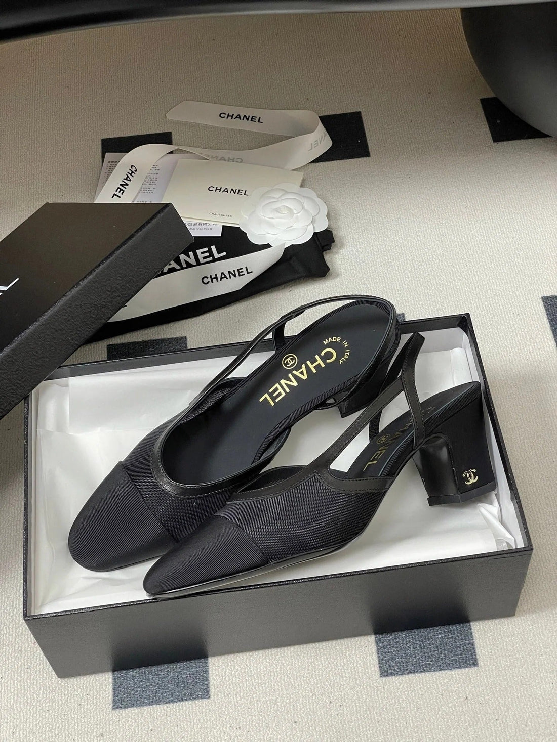 CC 26S Slingback 65 Black Mesh Fabric Sheepskin 649446