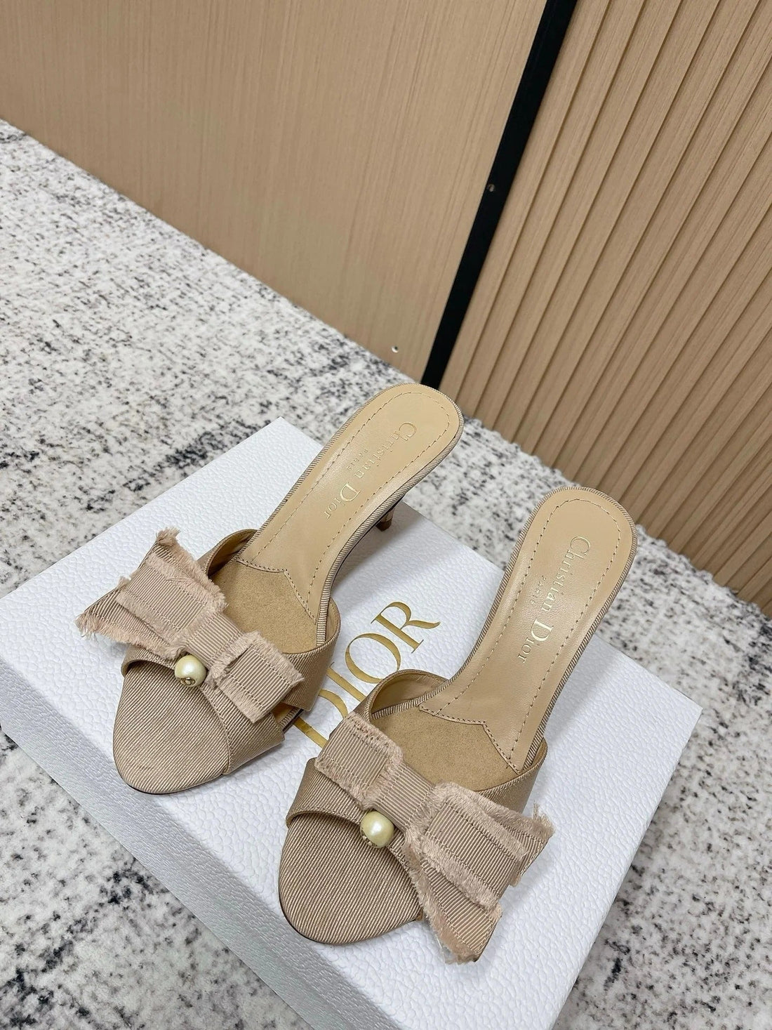 CD 26S High Heel Slippers 75 Beige Canvas Leather 643491