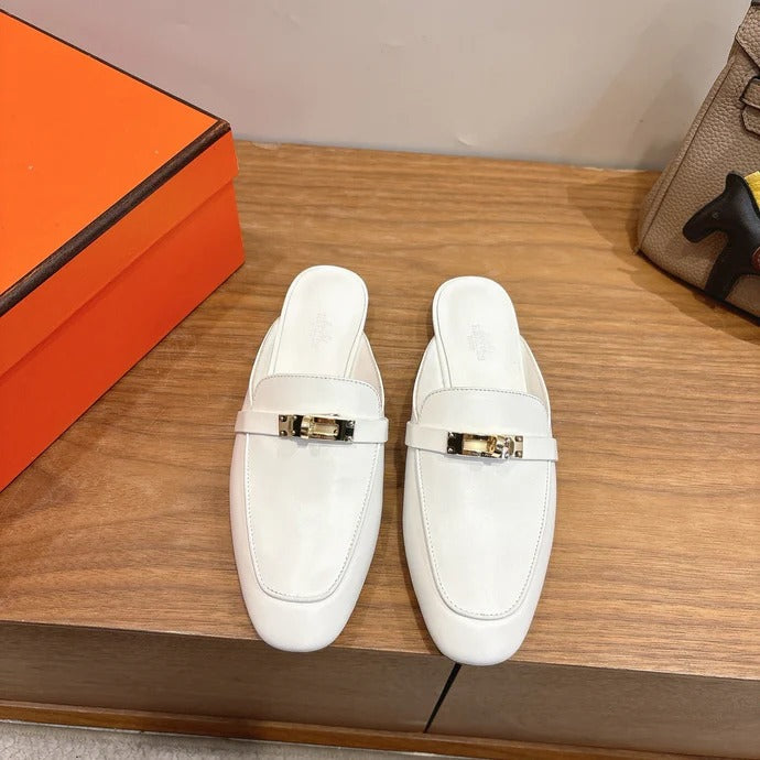 Hm 26SS Mule Full White Calfskin Gold Buckle 638468