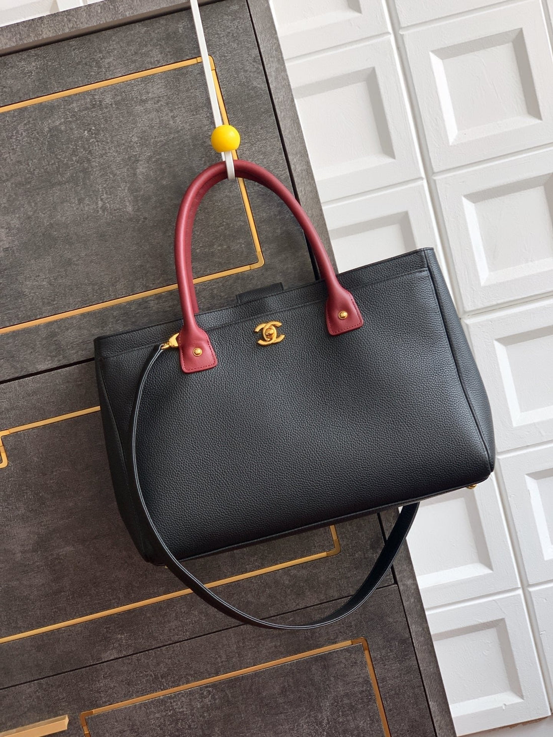 CC 2026 Shopping Bag Black Mix Burgundy Calfskin
