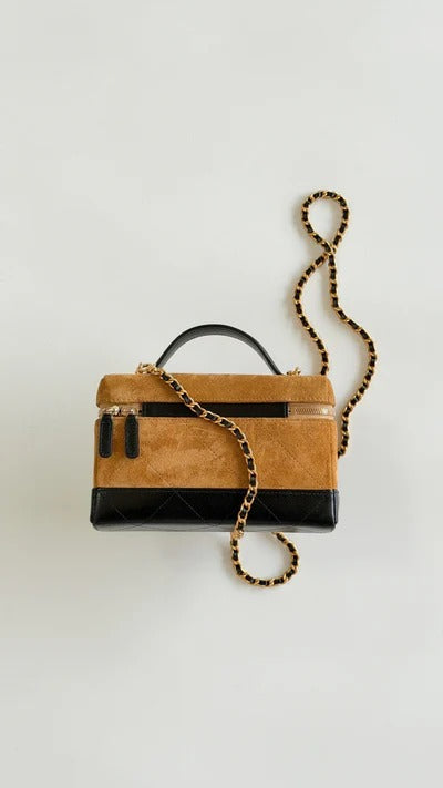 Chanel 2026 Vanity Bag 19.5cm Beige Mix Black Suede Leather