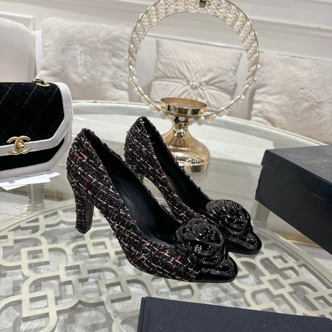 CC 26S High Heels Pump 85 Black Colorful Wool Fabric 627014