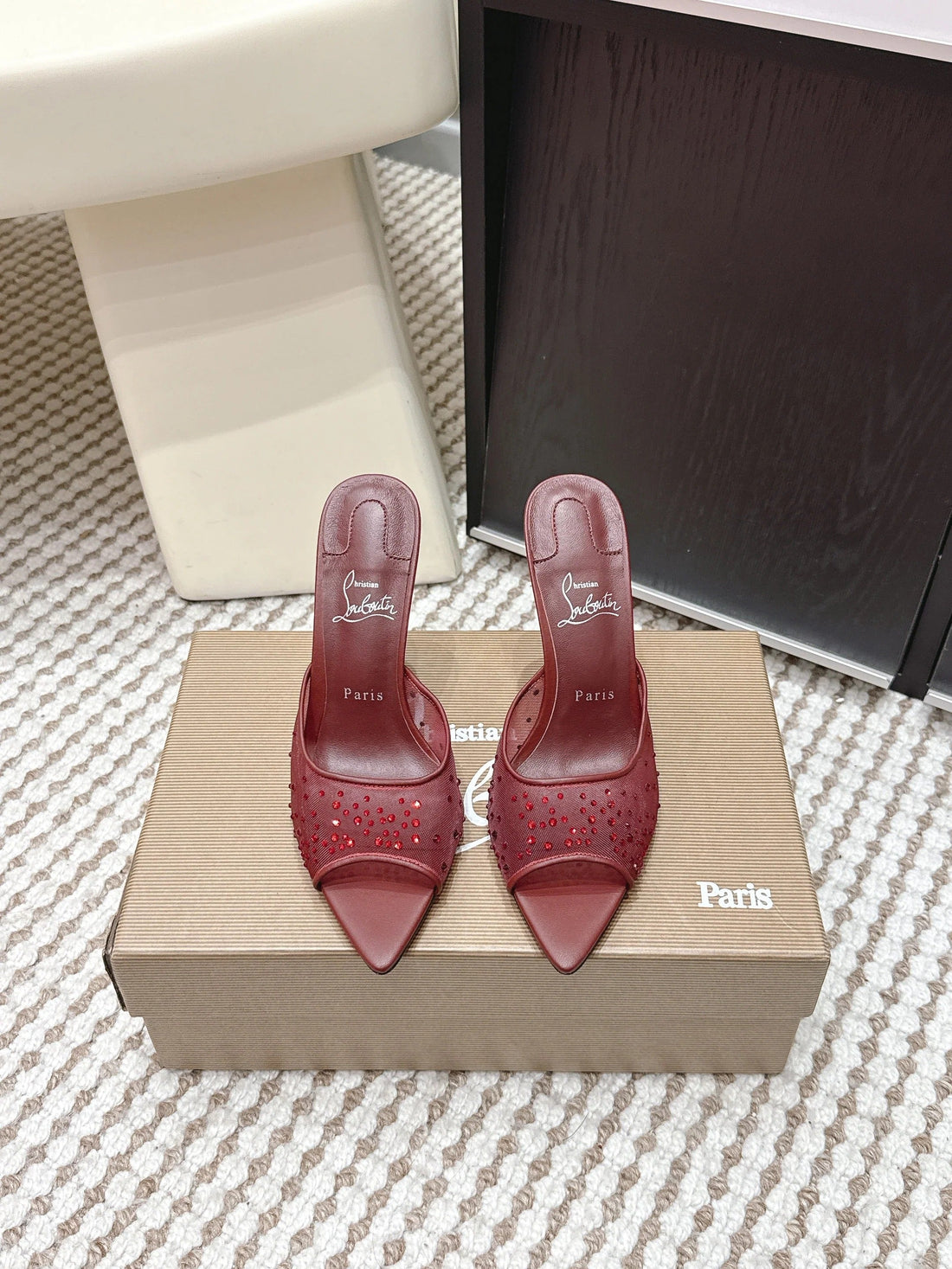 Cl 26SS High-Heeled Slippers 100 Dark Red Mesh Rhinestone Leather 658051