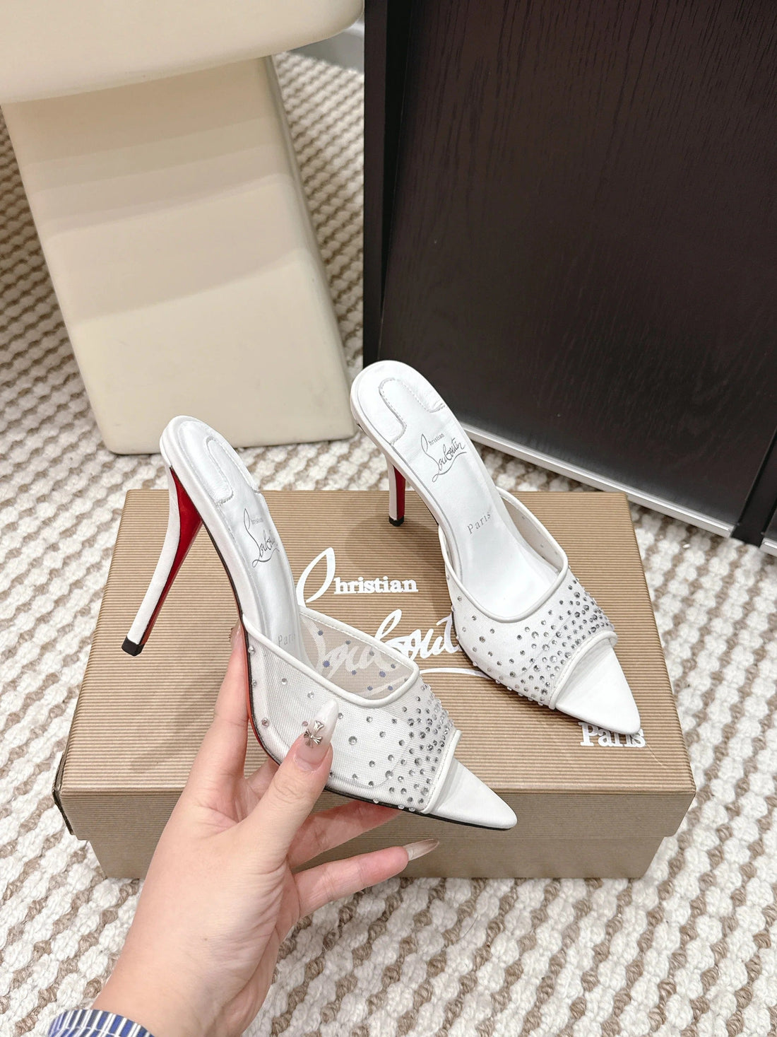 Cl 26SS High-Heeled Slippers 100 White Mesh Rhinestone Leather 658052